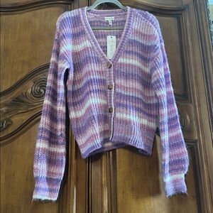 NEW Olivia Sky Lavender and Pink Striped Waffle Knit V Neck Cardigan Sweater L